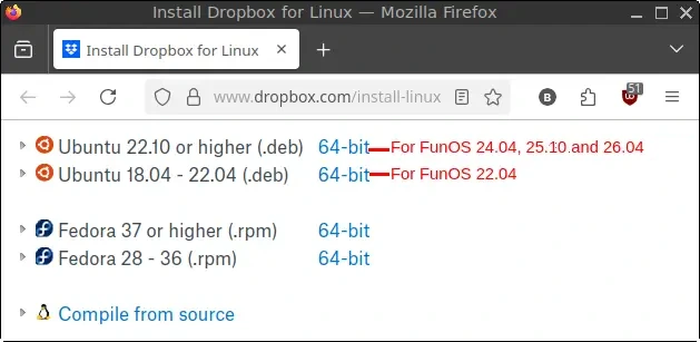 Dropbox download page for Linux