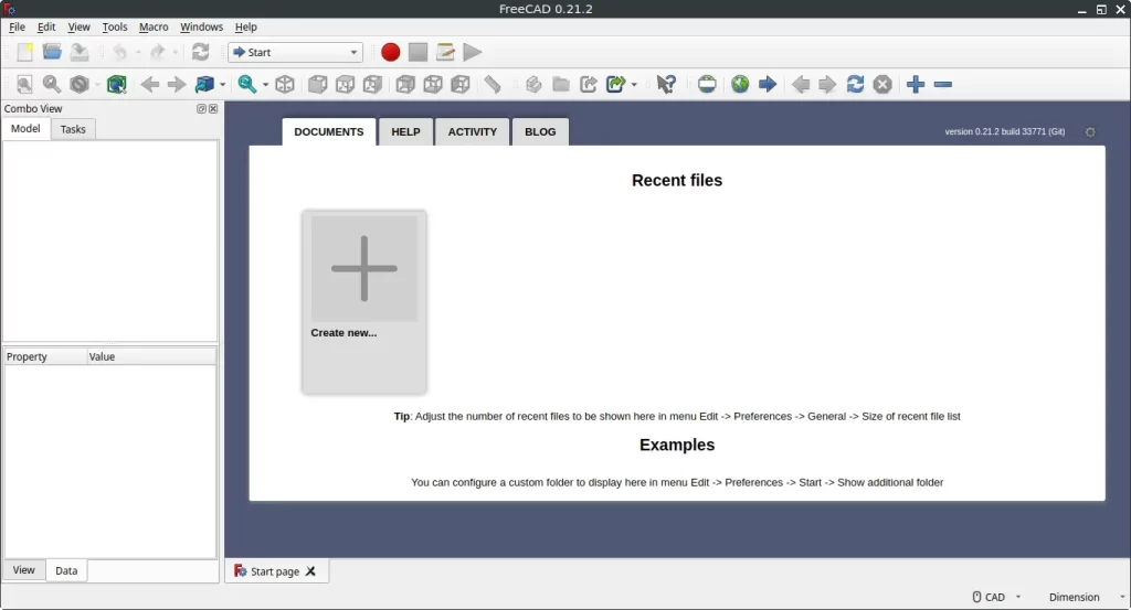 FreeCAD Start page