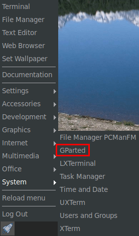 gparted menu