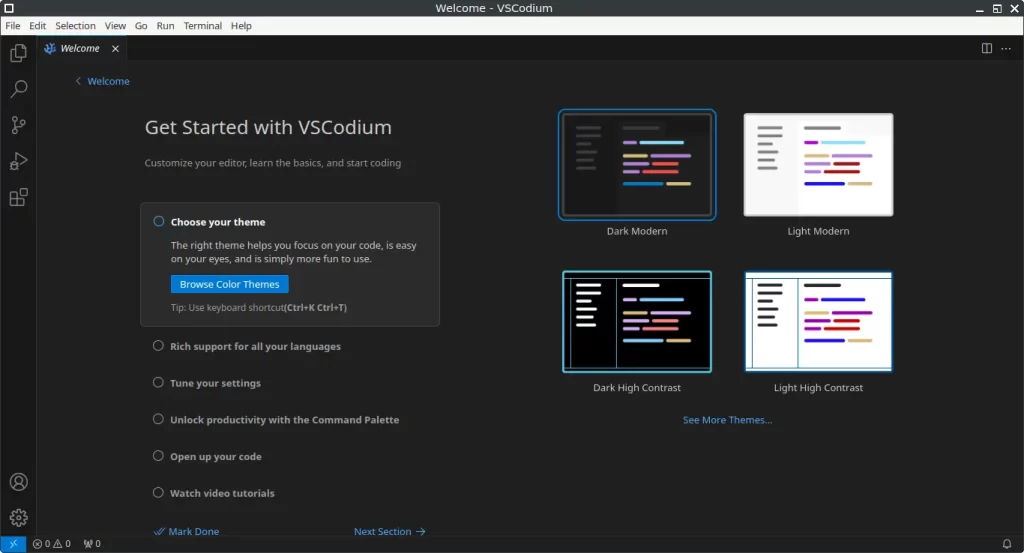 vscodium welcome page