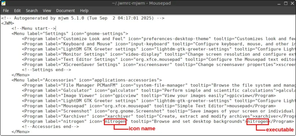 Application's icon path or name and executable command