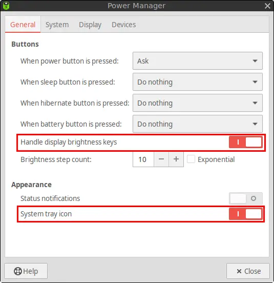 Xfce4 Power Manager Settings