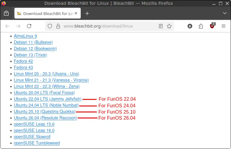 BleachBit Download page for Linux