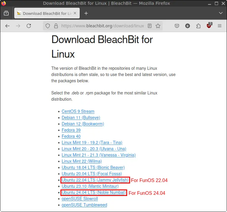 BleachBit Download page for Linux