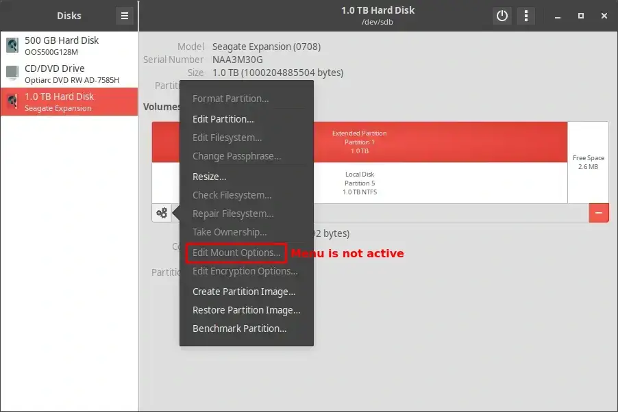 Edit Mount Options option is grayed out