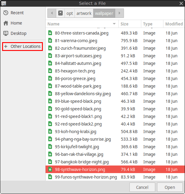 Other Locations option in the file chooser