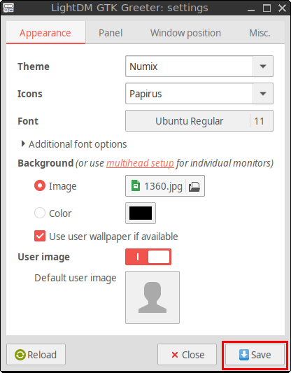 Save button in LightDM GTK Greeter Settings