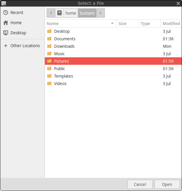 Pictures folder in the user home directory