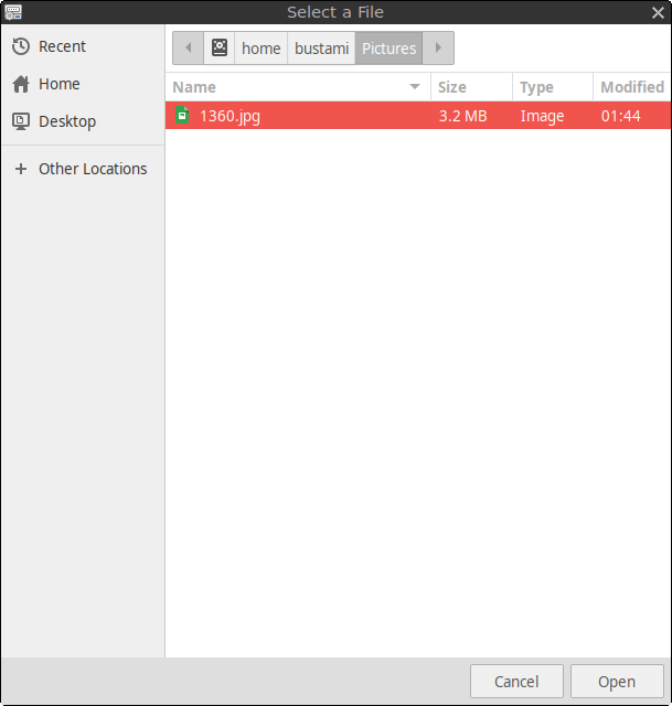 Background image selected in the file chooser