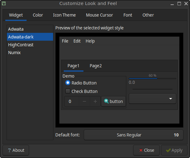 Selecting the Adwaita-dark GTK theme in FunOS