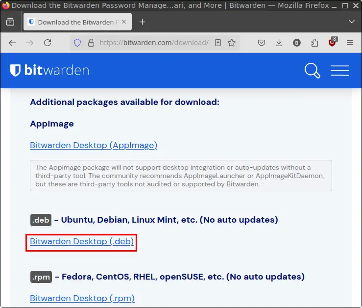 Bitwarden download page