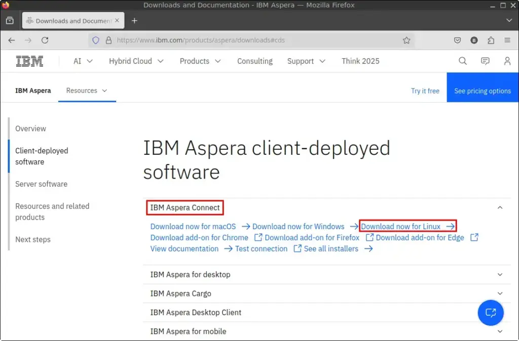 Click IBM Aspera Connect > Download now for Linux