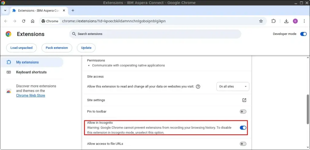 Enable the Allow in Incognito option