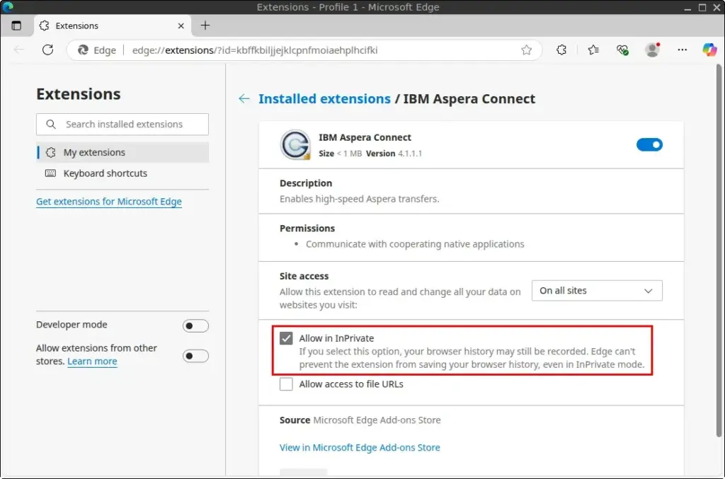 Enable Allow in InPrivate