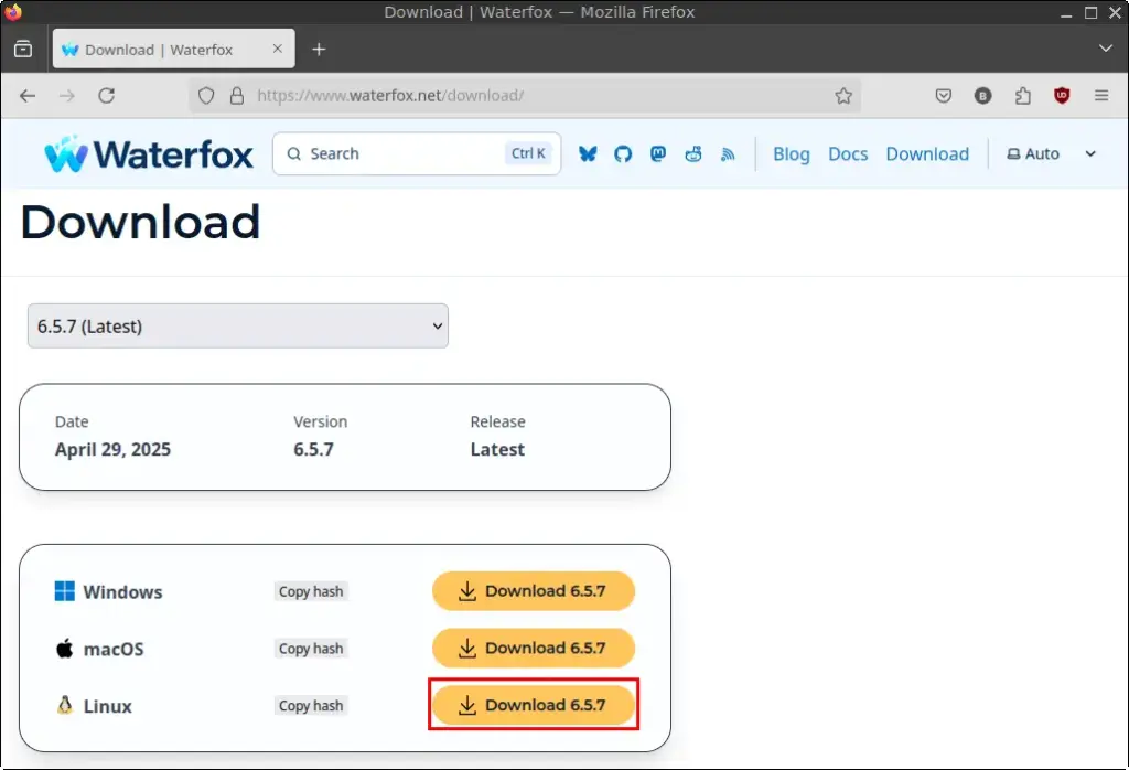 Waterfox Download page