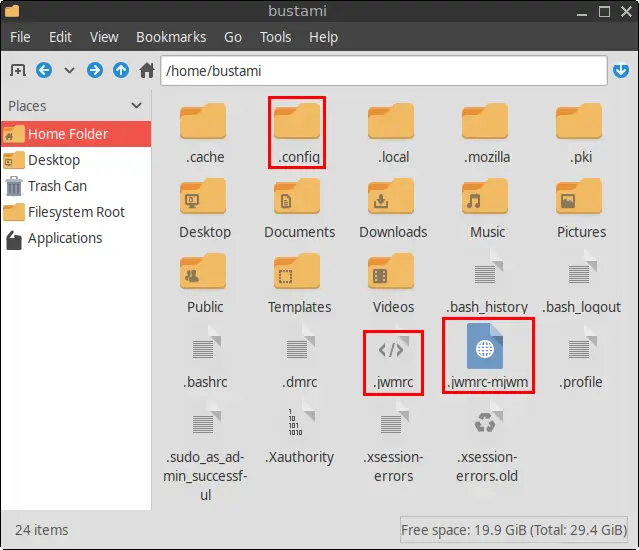Viewing hidden JWM config files in the home folder