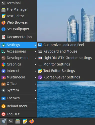 JWM main menu in FunOS with categorized applications