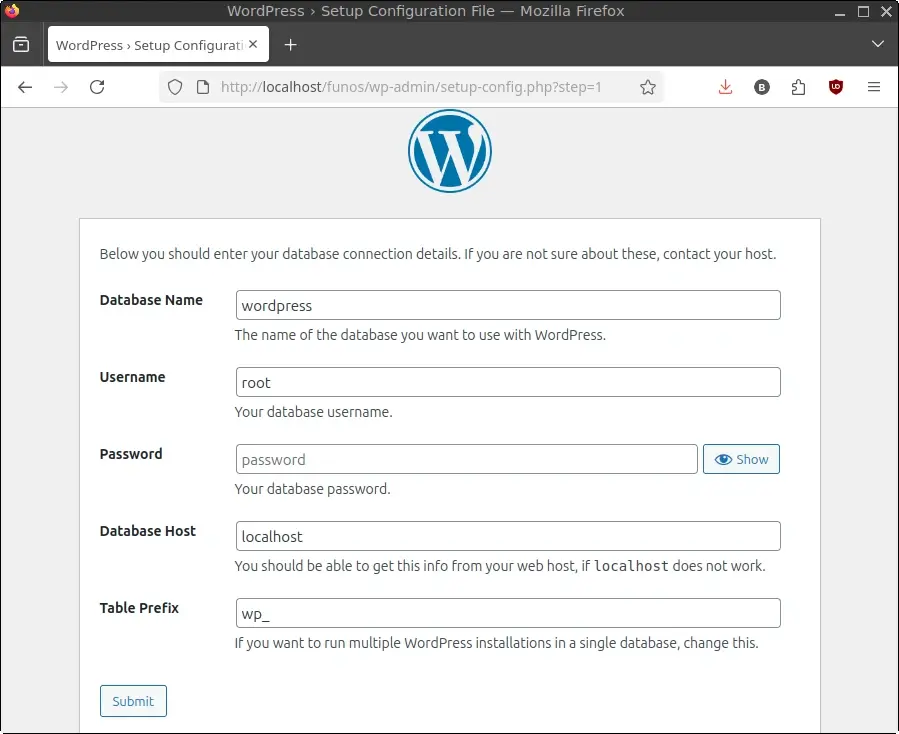 Enter the database connection details
