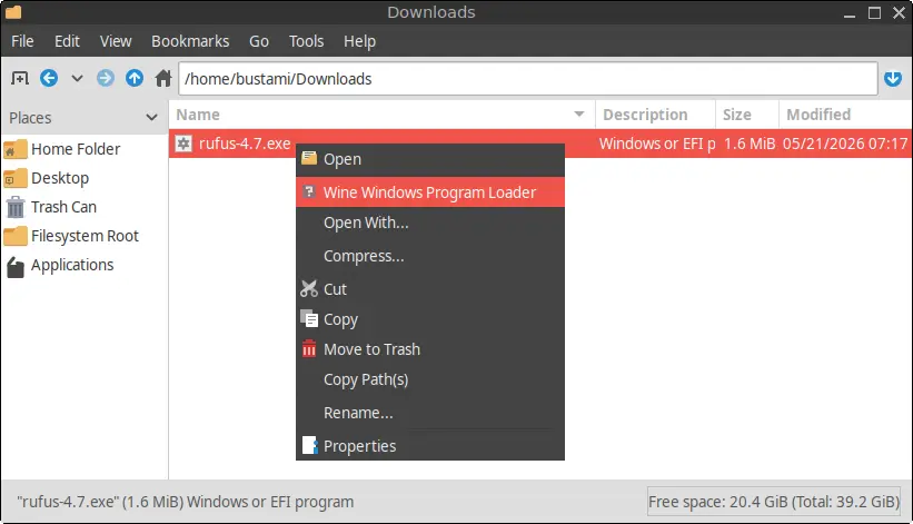 Selecting the Wine Windows Program Loader from the right-click context menu