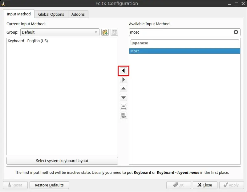 Fcitx 5 Configuration window highlighting the left-arrow button used to add Mozc