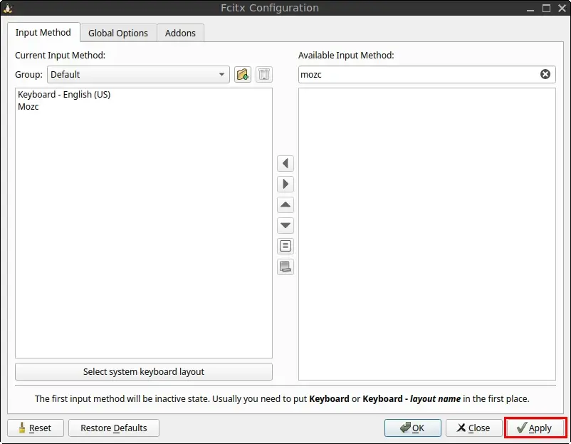 Fcitx 5 Configuration window showing Mozc added and the Apply button highlighted