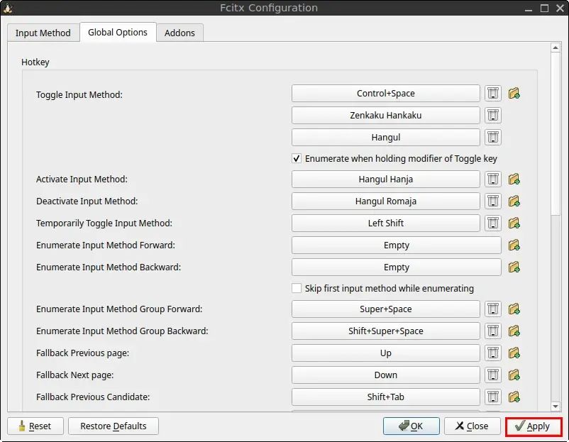 Fcitx 5 Configuration window with the Apply button highlighted