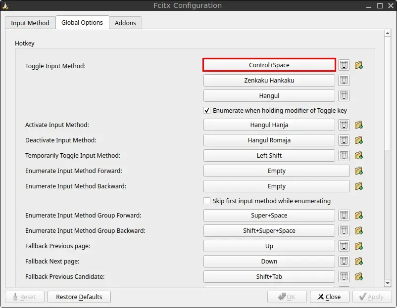 Fcitx 5 Configuration window highlighting the Control+Space input-method shortcut