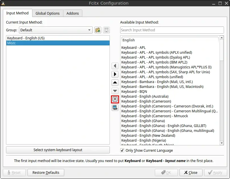 Fcitx 5 Configuration window highlighting the button used to configure Mozc