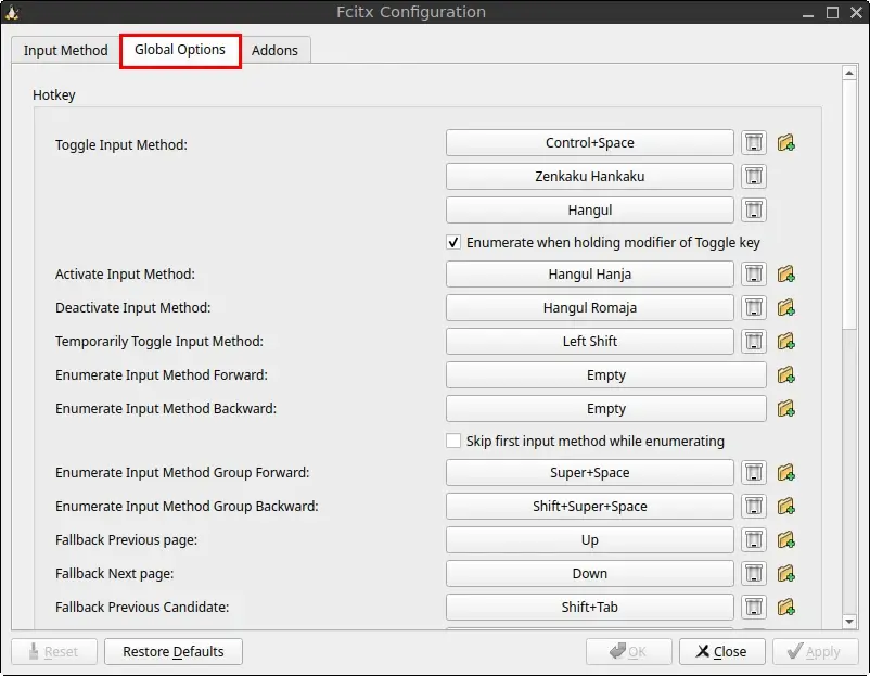 Fcitx 5 Configuration window with the Global Options tab highlighted