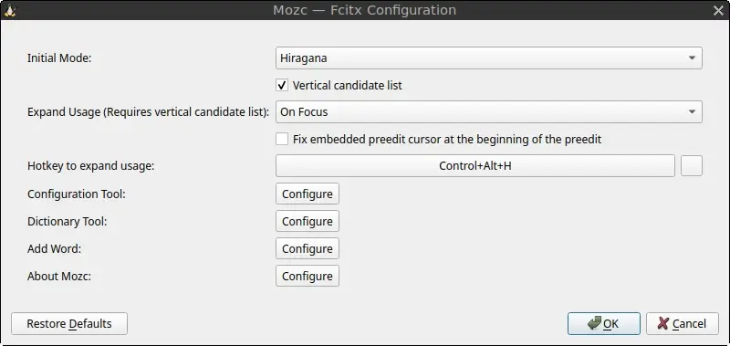 Mozc configuration window showing options for the initial mode, candidate list, and other Japanese input settings