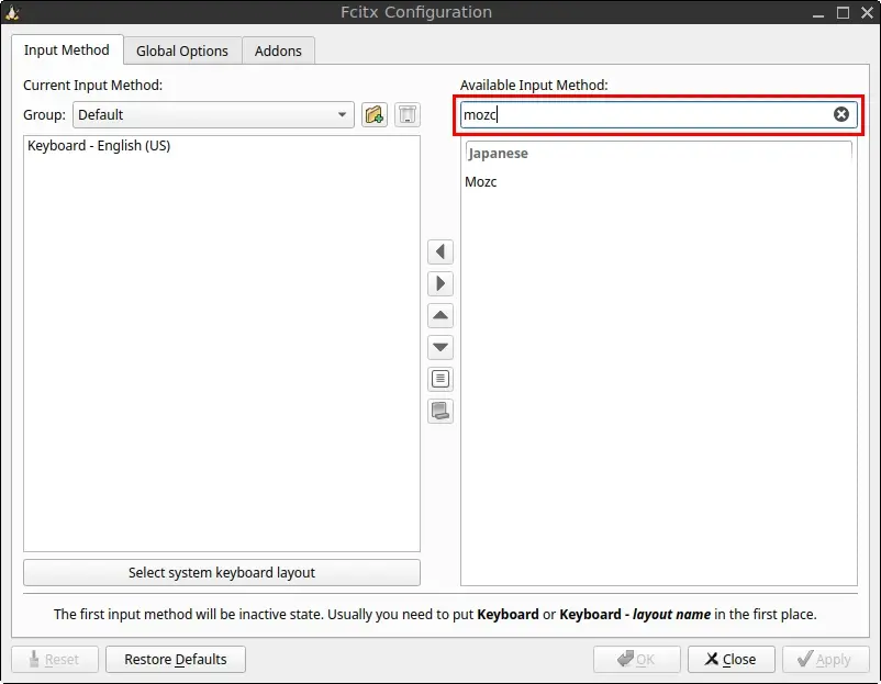 Fcitx 5 Configuration window showing a search for Mozc