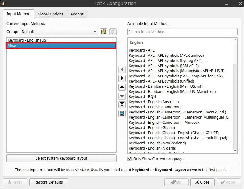 Fcitx 5 Configuration window with Mozc selected in the current input methods list