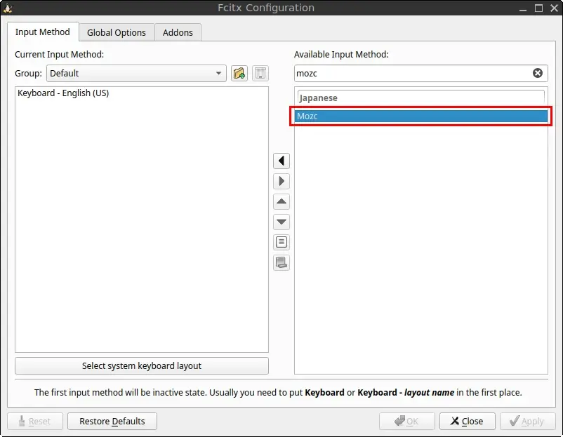 Fcitx 5 Configuration window with Mozc selected