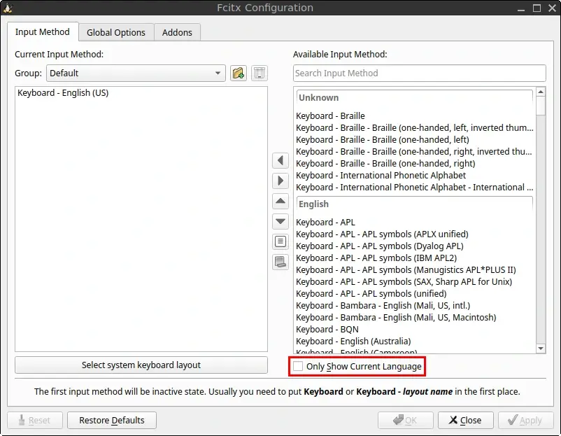 Fcitx 5 Configuration window with Only Show Current Language unchecked
