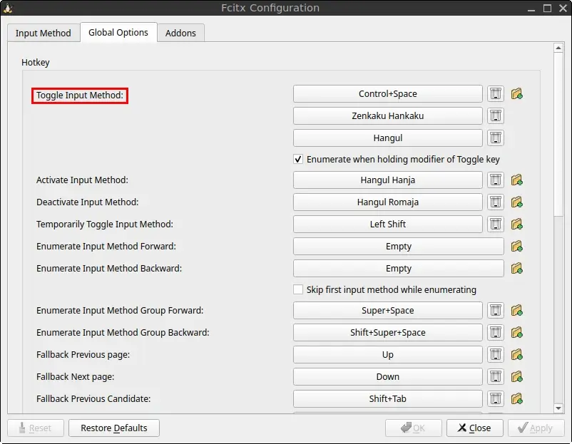 Fcitx 5 Configuration window highlighting the Toggle Input Method setting