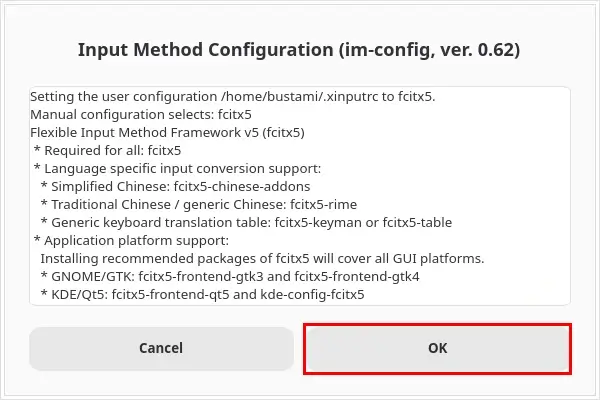 Input Method Configuration window confirming that fcitx5 will be used