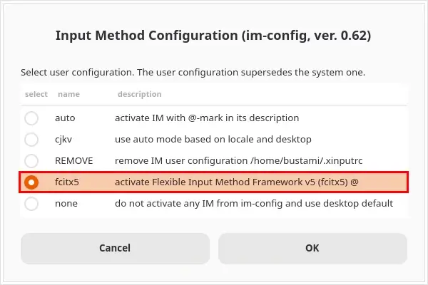 Input Method Configuration window confirming that fcitx5 will be used
